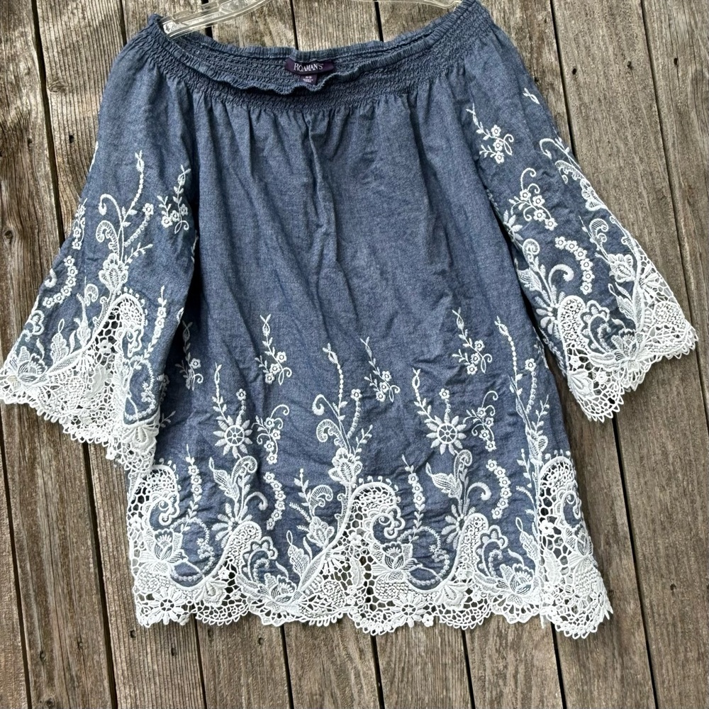 Roaman's Womens 14W Off The Shoulder Blouse Chambray And Lace Cotton Shirt Top